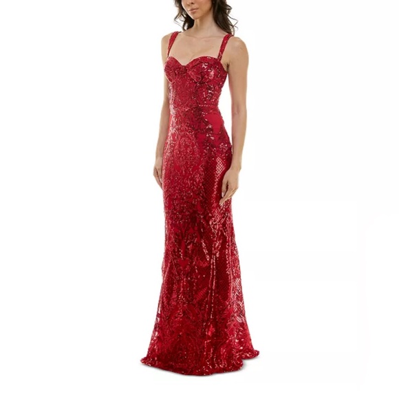 Juniors' Sequinned Bustier Evening Gown - Red - Picture 3 of 5